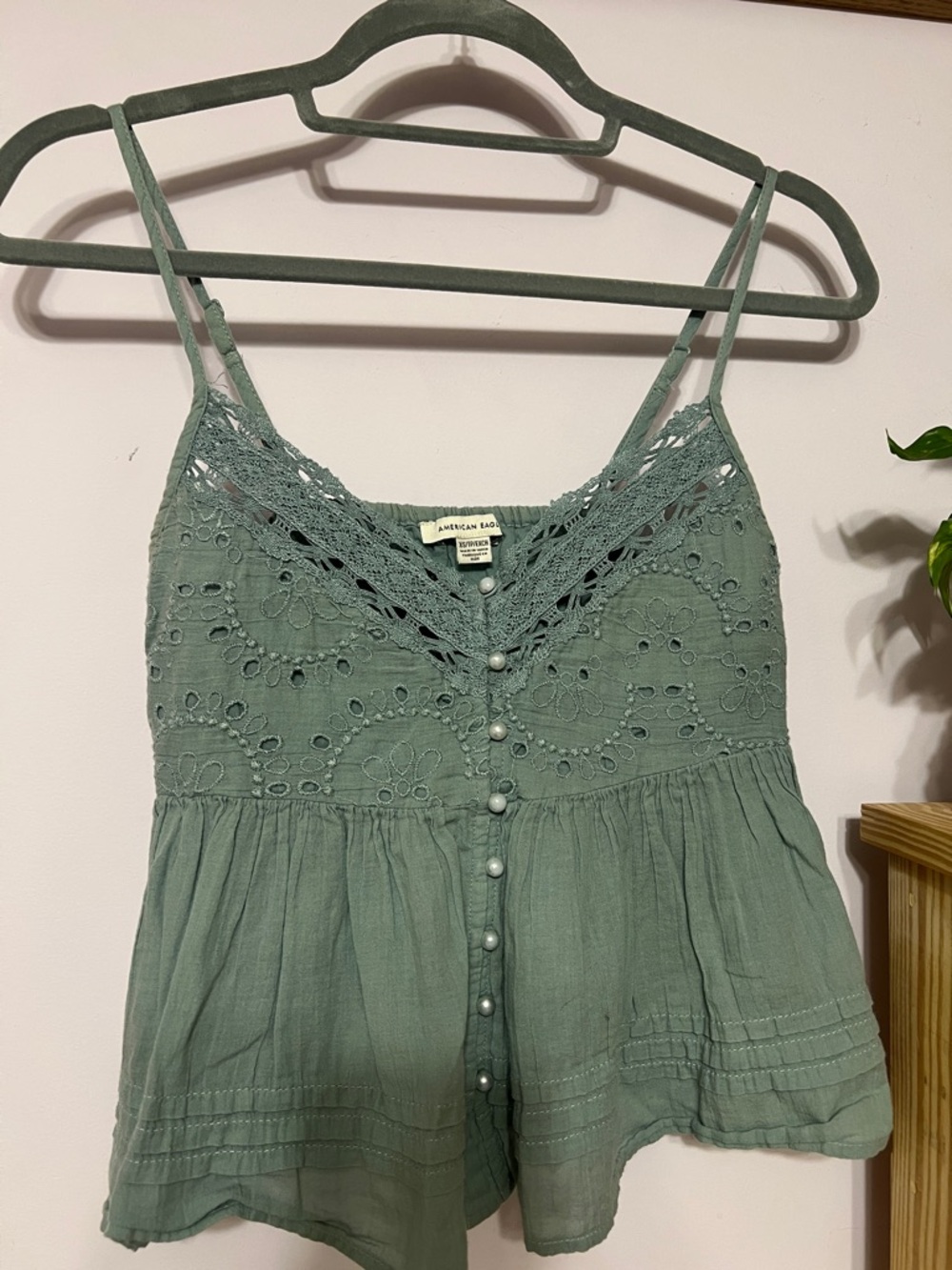 American Eagle Outfitters Sage Green Lace-Trim Button Front Camisole